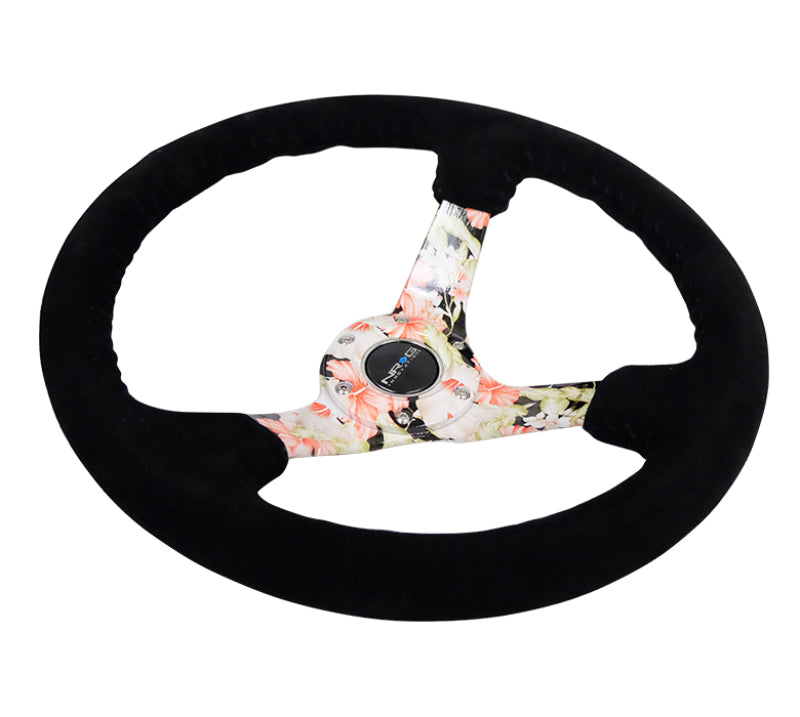 NRG Reinforced Steering Wheel (350mm / 3in. Deep) Blk Suede Floral Dipped w/ Blk Baseball Stitch NRGRST-036FL-S