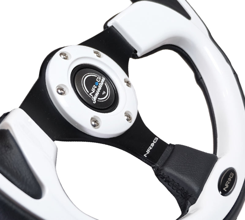 NRG Reinforced Steering Wheel (320mm) Blk w/White Trim & 4mm 3-Spoke NRGRST-001WT