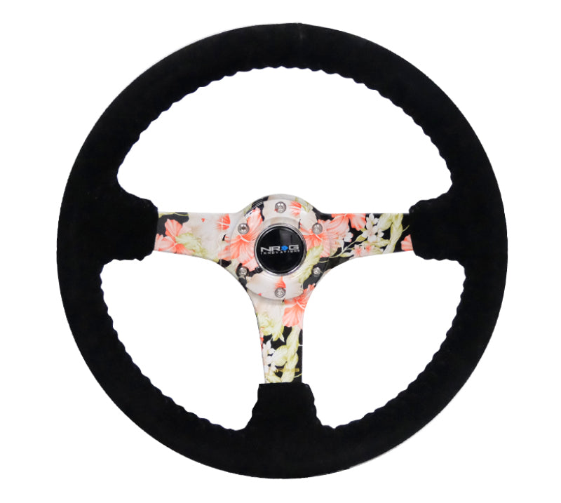 NRG Reinforced Steering Wheel (350mm / 3in. Deep) Blk Suede Floral Dipped w/ Blk Baseball Stitch NRGRST-036FL-S