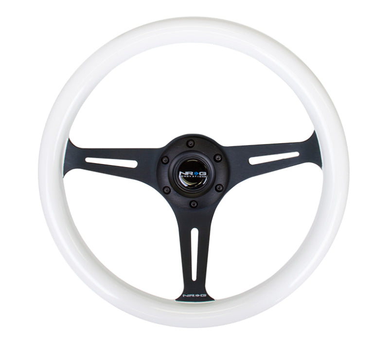 NRG Classic Wood Grain Steering Wheel (350mm) Glow-N-The-Dark Green Grip w/Black 3-Spoke Center NRGST-015BK-GL