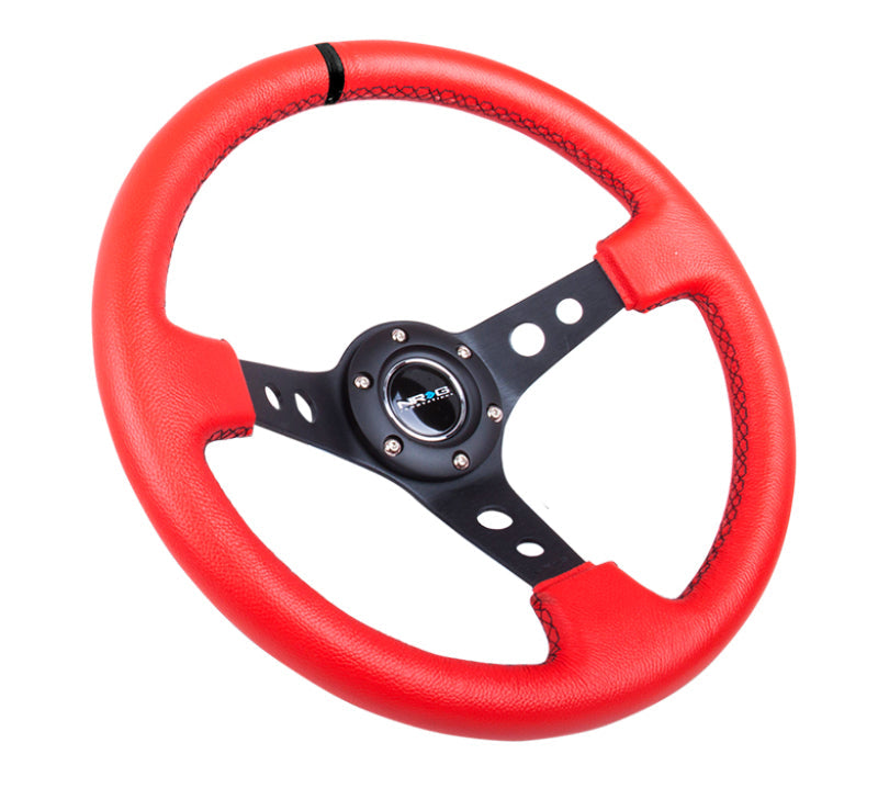 NRG Reinforced Steering Wheel (350mm / 3in. Deep) Red Suede w/Blk Circle Cutout Spokes NRGRST-006S-RR