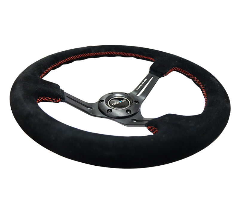 NRG Reinforced Steering Wheel (350mm / 3in. Deep) Blk Suede w/Red Stitching & 5mm Spokes w/Slits NRGRST-018S-RS
