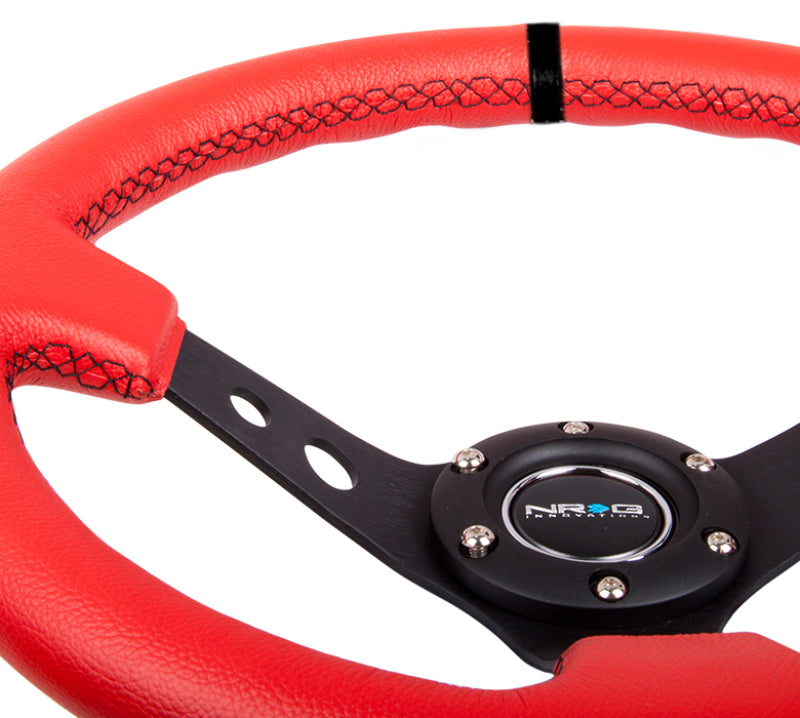 NRG Reinforced Steering Wheel (350mm / 3in. Deep) Red Suede w/Blk Circle Cutout Spokes NRGRST-006S-RR
