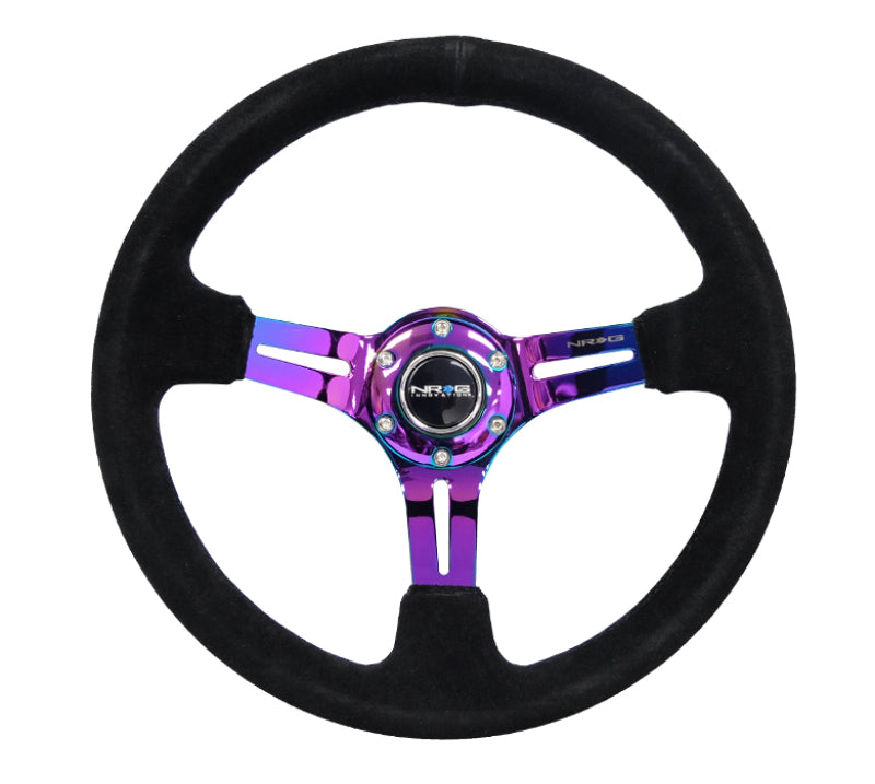 NRG Reinforced Steering Wheel (350mm / 3in. Deep) Blk Suede/Blk Stitch w/Neochrome Slits NRGRST-018S-MCBS