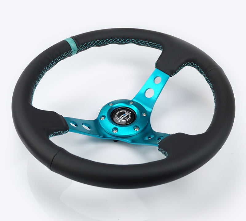 NRG Reinforce Steering Wheel (350mm / 3in. Deep) Blk Leather, Teal Center Mark w/ Teal Stitching NRGRST-006TL