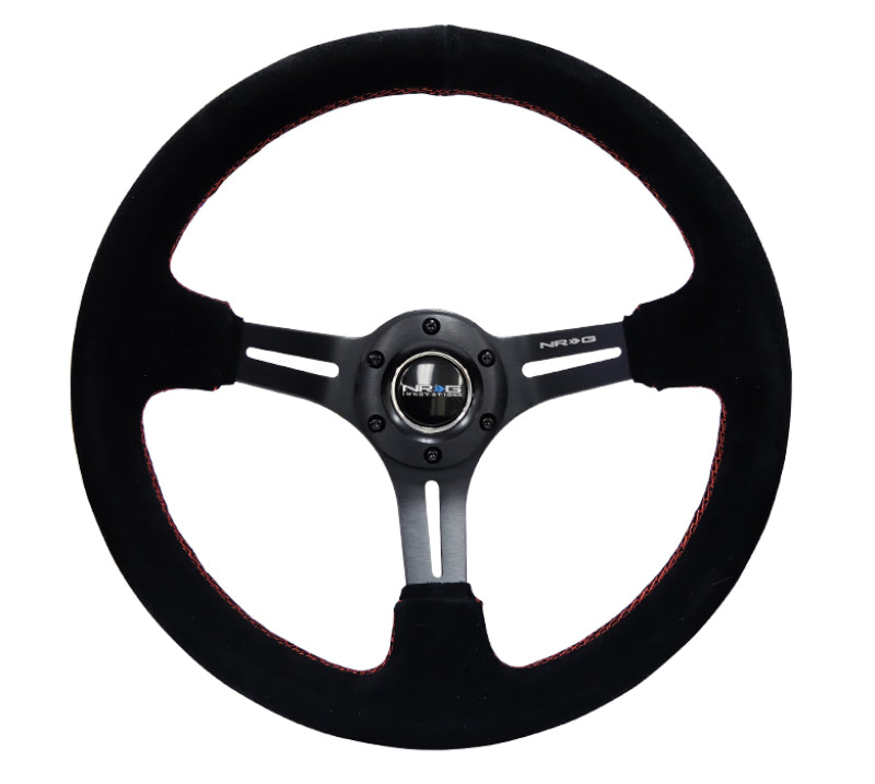 NRG Reinforced Steering Wheel (350mm / 3in. Deep) Blk Suede w/Red Stitching & 5mm Spokes w/Slits NRGRST-018S-RS
