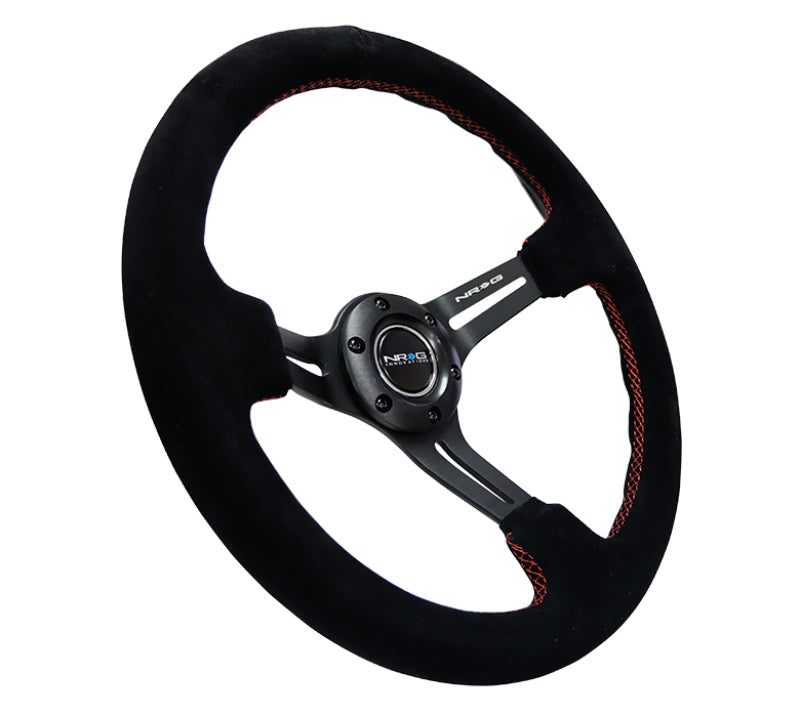 NRG Reinforced Steering Wheel (350mm / 3in. Deep) Blk Suede w/Red Stitching & 5mm Spokes w/Slits NRGRST-018S-RS