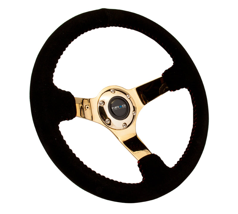 NRG Reinforced Steering Wheel (350mm / 3in. Deep) Blk Suede w/Red BBall Stitch & Chrome Gold 3-Spoke NRGRST-036GD-S