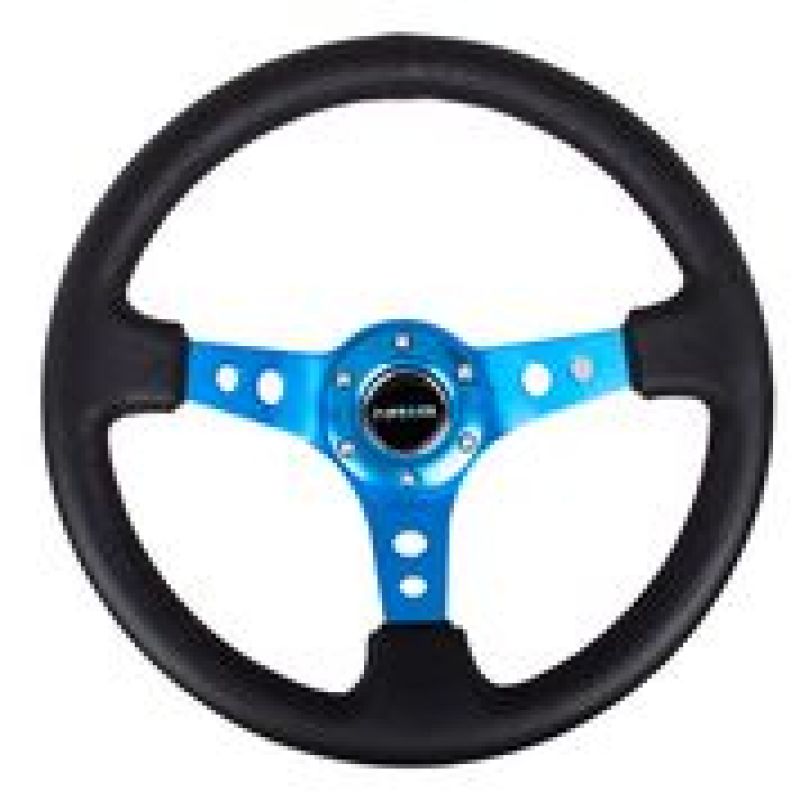 NRG Reinforced Steering Wheel (350mm / 3in. Deep) Blk Leather w/Blue Circle Cutout Spokes NRGRST-006BL
