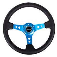 Load image into Gallery viewer, NRG Reinforced Steering Wheel (350mm / 3in. Deep) Blk Leather w/Blue Circle Cutout Spokes NRGRST-006BL