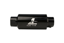 Load image into Gallery viewer, Aeromotive Filter w/ Dual Outlet, 10-m Fabric Element, In-Line, ORB10 Inlet / Outlet plus ORB-06 Outlet, Bright-Dip Black, 2&quot; OD