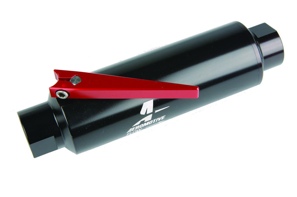 Aeromotive Filter w/ Shutoff Valve, 100-m Stainless Mesh element, In-Line, ORB-10 Port, Bright-Dip Black, 2" OD